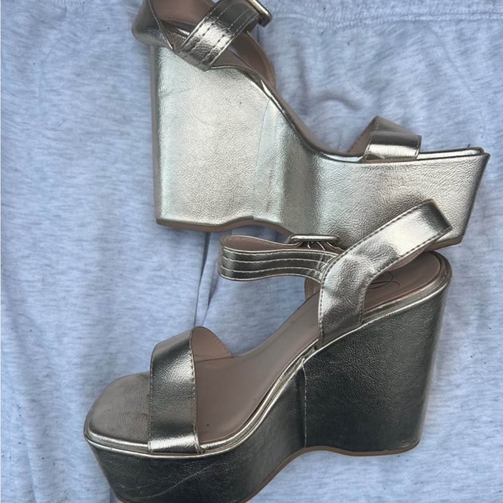 Metallic Gold Platform Wedge Sandals with Ankle Strap